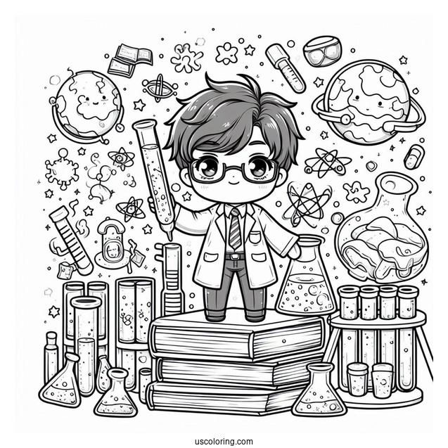 Science Coloring Page Of Chibi Scientist Surrounded By Books And Test Tubes
