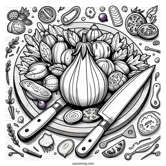 Ratatouille Coloring Page Surrounded By Kitchen Knives