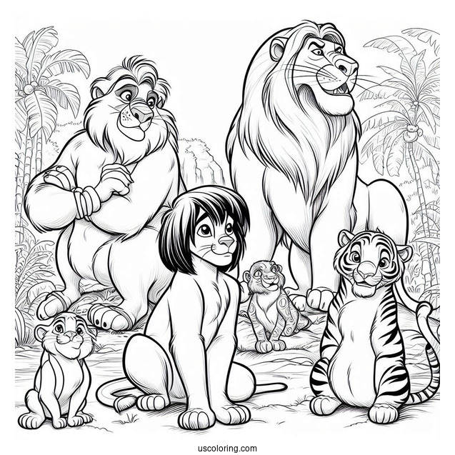 Jungle Book Coloring Page Of Mowgli, Baloo, King Louie, Shere Khan, And Kaa