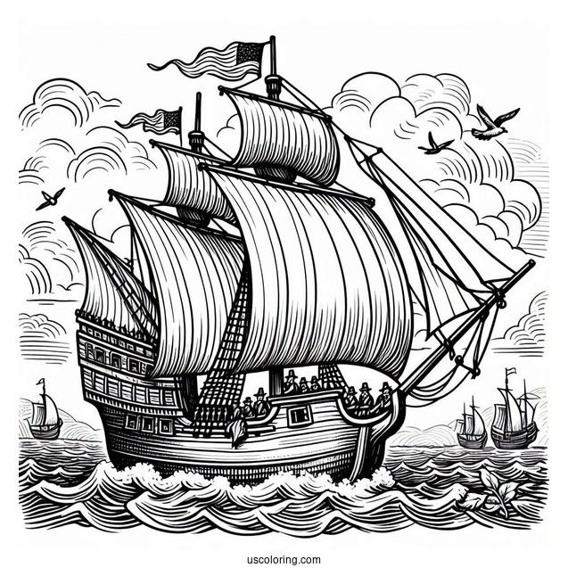 Pilgrim Coloring Page Mayflower Sailing At Sea