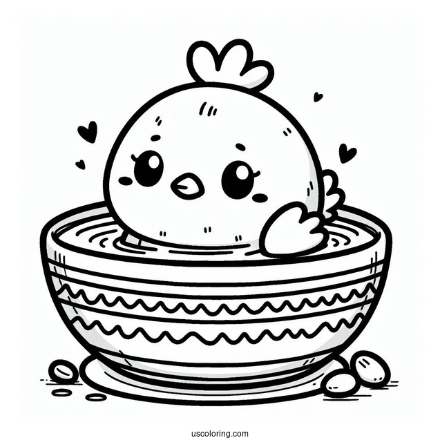 Cute Kawaii Chicken In Bowl To Color