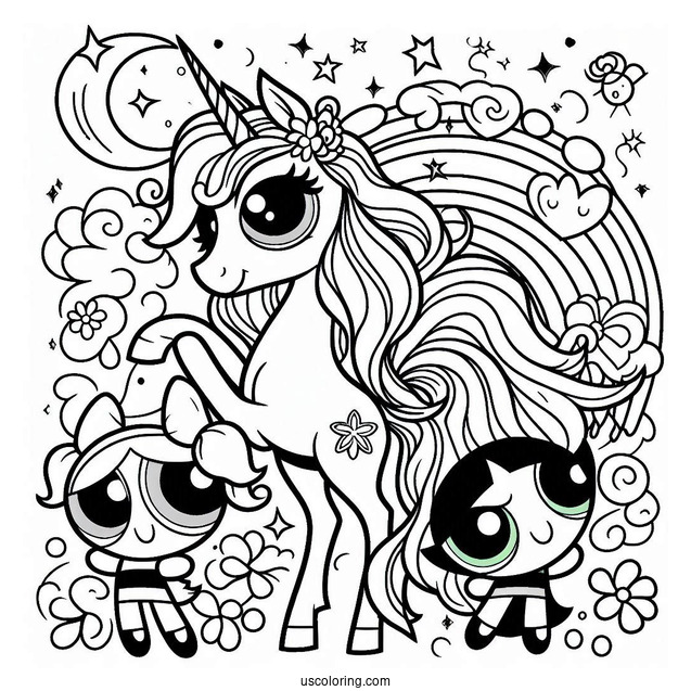Unicorn And Powerpuff Girls Coloring Page