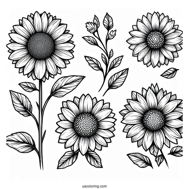 Flower Coloring Pages Of Three Small Sunflowers With Leaves