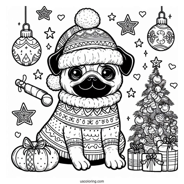 Christmas Themed Pug To Color