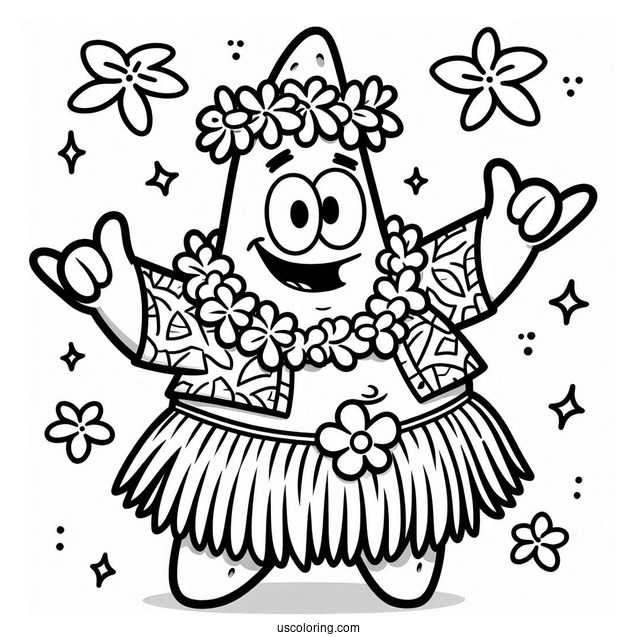 Patrick Star Coloring Page In Hula Shirt And Shorts