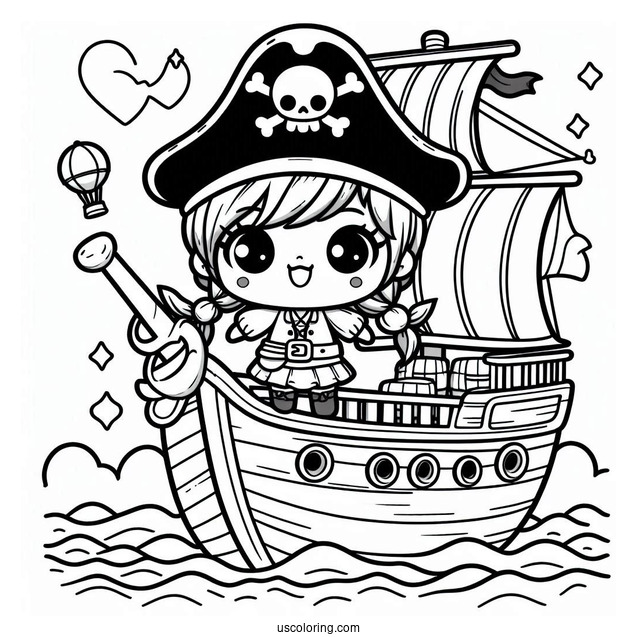 Kawaii Pirate On The Deck Of A Pirate Ship Coloring Page For Kids