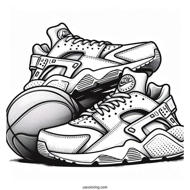 Pair Of Nike Coloring Page Of Air Huarache With Basketballs