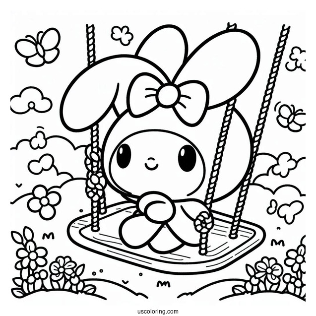 My Melody Coloring Page On A Swing With Risu