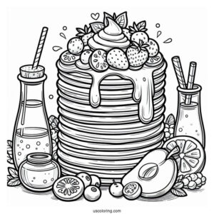 Pancake Coloring Page Towers With Fruits And Syrup