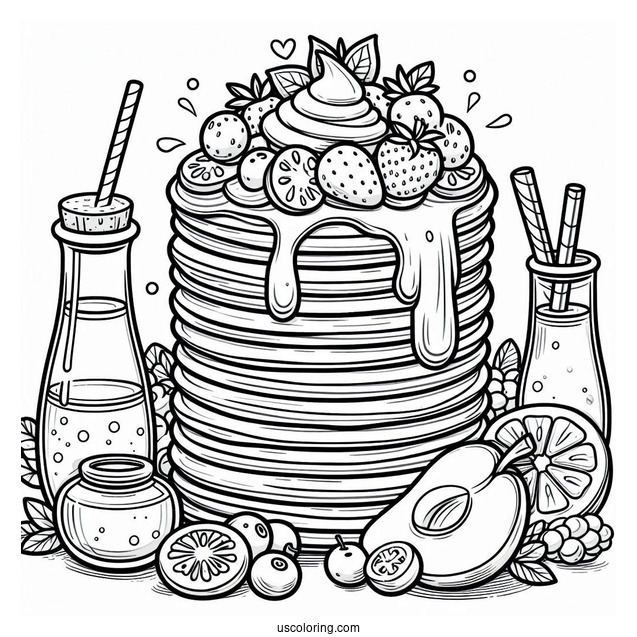 Pancake Coloring Page Towers With Fruits And Syrup
