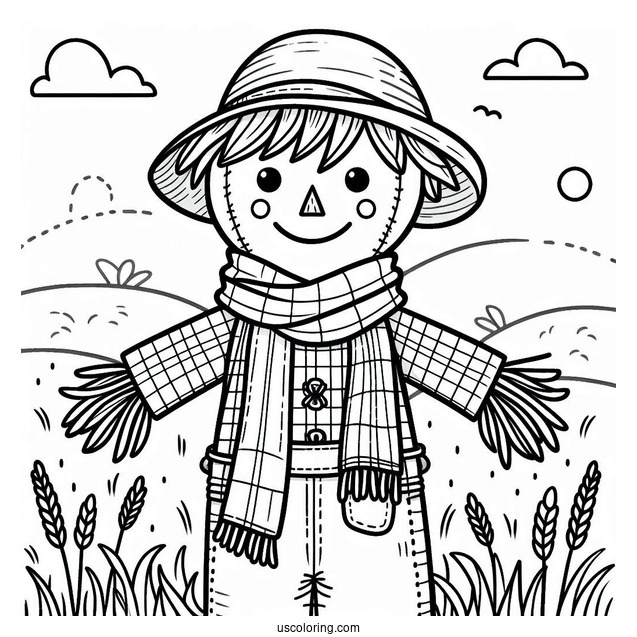 Smiling Scarecrow Coloring Page In The Field Wearing A Scarf