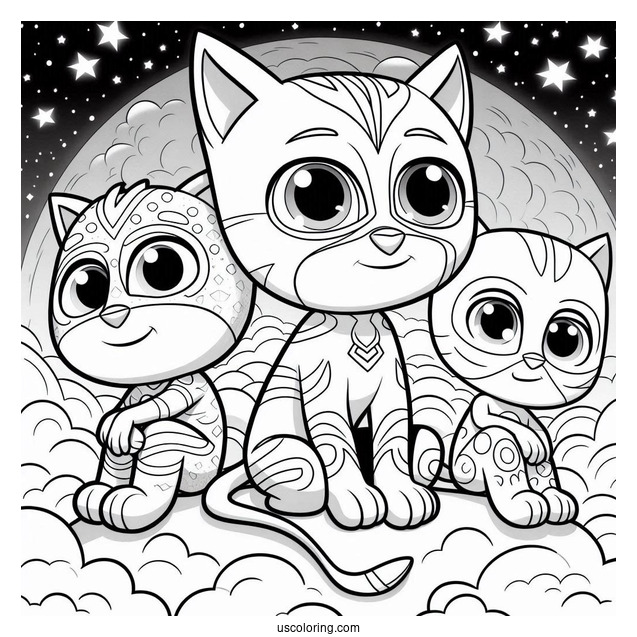 PJ Masks Coloring Page Of Gekko, Catboy, And Owelette In The Night Sky
