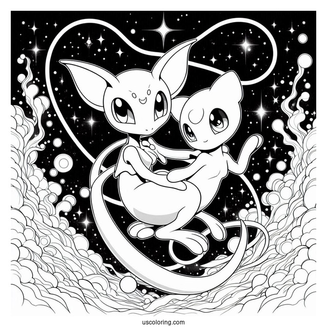 Mewtwo and Mew Miraculous Duo Coloring Page