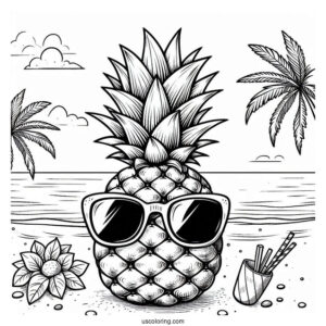 Pineapple Wearing Sunglasses On Beach Coloring Page