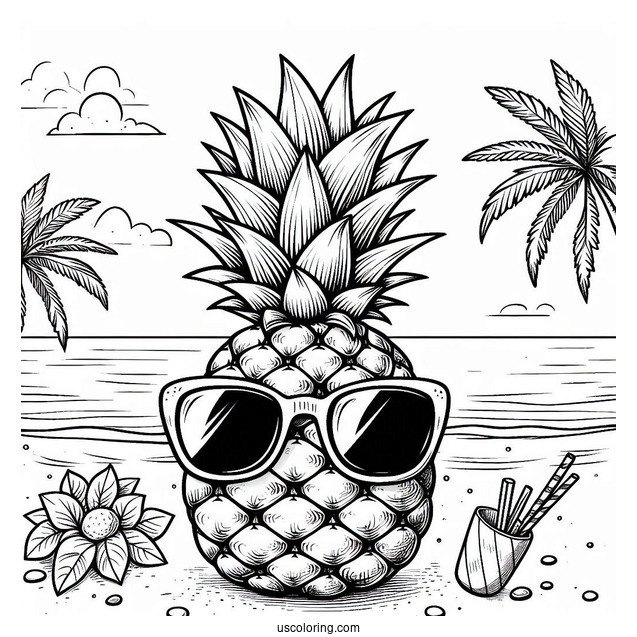 Pineapple Wearing Sunglasses On Beach Coloring Page