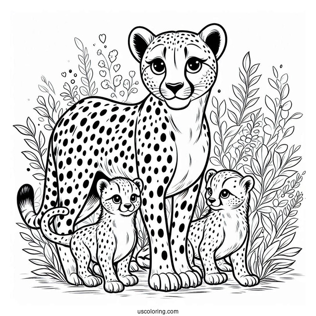 Mama Cheetah Coloring Page With Her Babies