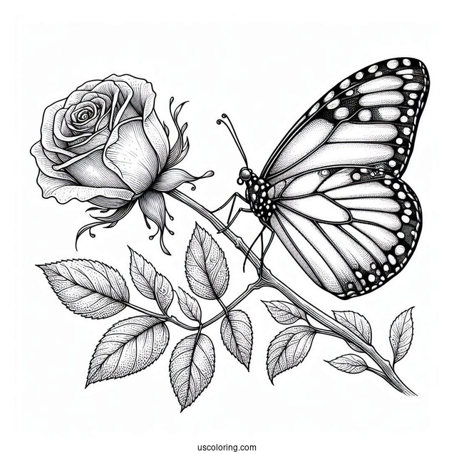 Butterfly Resting On Rose Stem