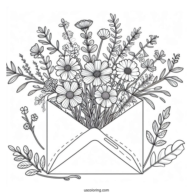Wildflowers Bursting From An Envelope In Spring Coloring Sheet For Kids