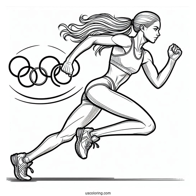 Athlete Running With Olympics Coloring Page Of Logo Above Her