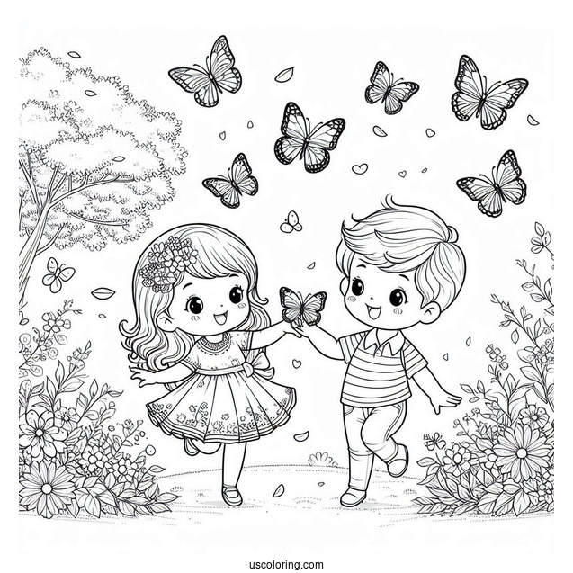 Boy And Girl Playing In Nature With Butterflies