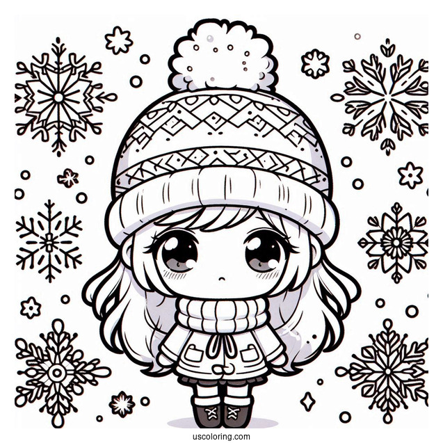 Chibi Girl In Winter Clothes Surrounded By Snowflake Coloring Page