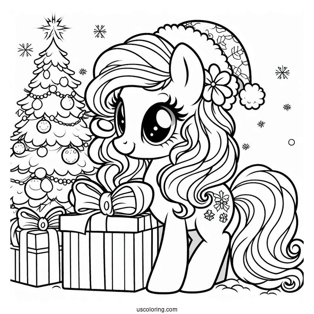 Coloring Page of My Little Pony In Front Of Christmas Tree