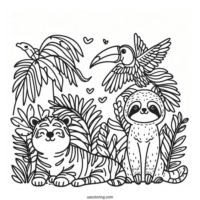 Simple Sloth, Tiger, And Toucan In The Jungle Coloring Page For Kids