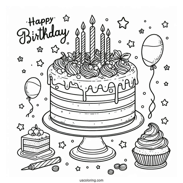 Cake With Happy Birthday Topper Coloring Sheet