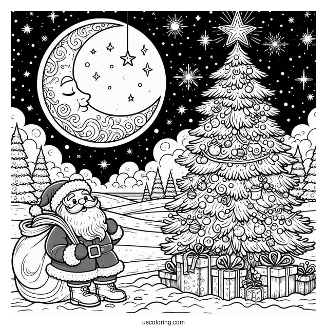 New Year Coloring Page Of Santa Claus Beside A Christmas Tree On Snowy Night