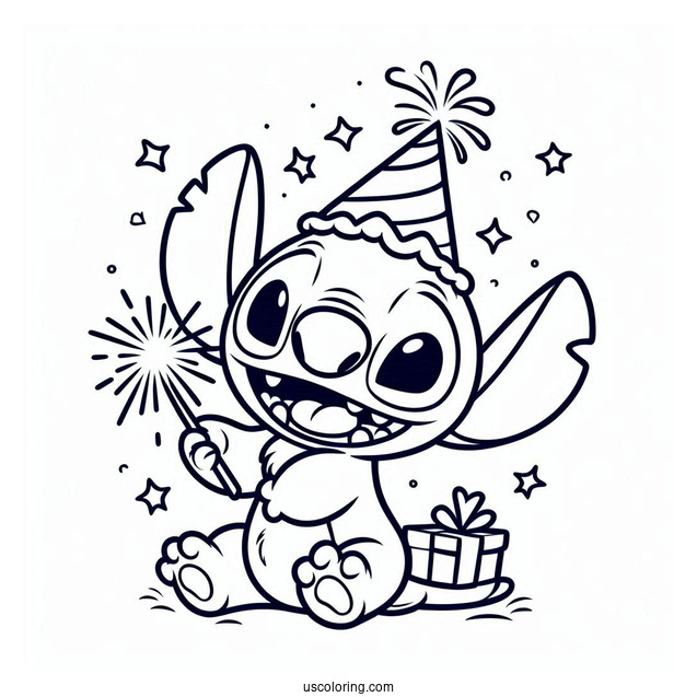 New Year Coloring Page Of Smiling Stitch With A Party Hat And A Sparkler