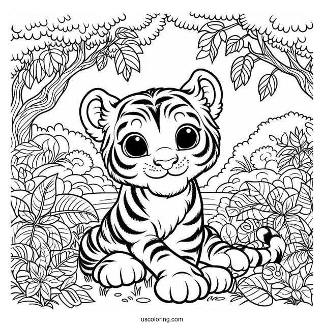 Young Tiger In The Jungle Coloring Page For Kids