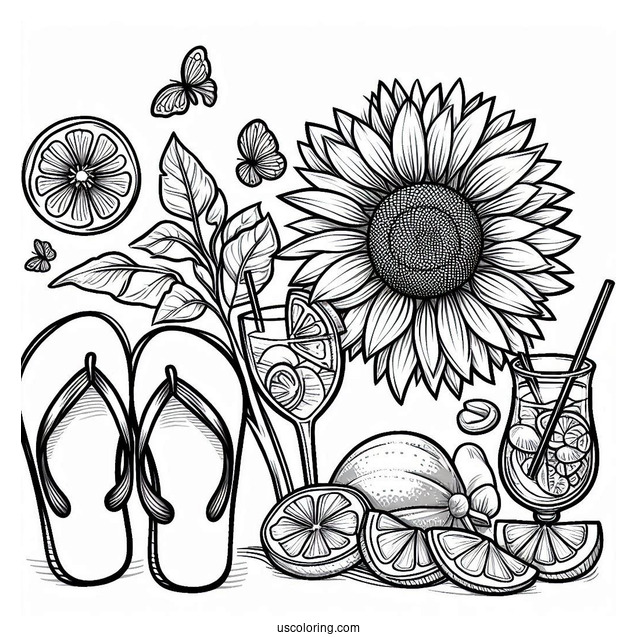 Summer Coloring Page Of Sunflower, Flip Flops, And Cocktails