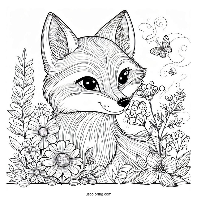 Beautiful Fox Coloring Page Smelling Flowers
