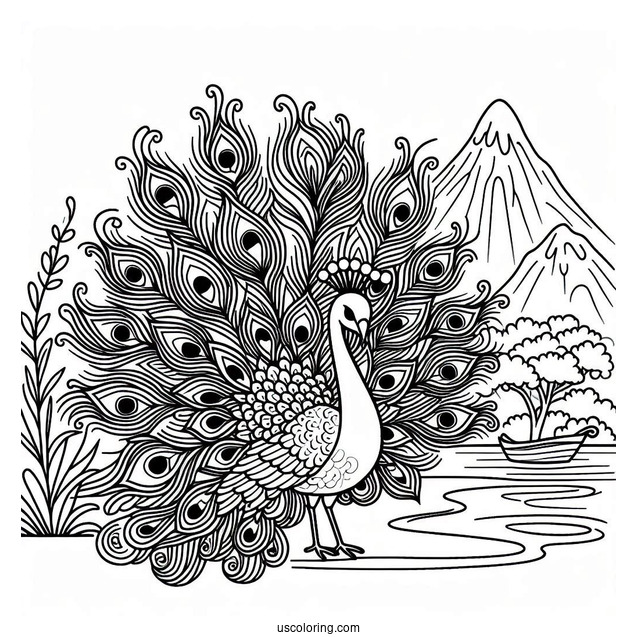 Peacock Coloring Page with Fanned Feathers by Mountain Pond