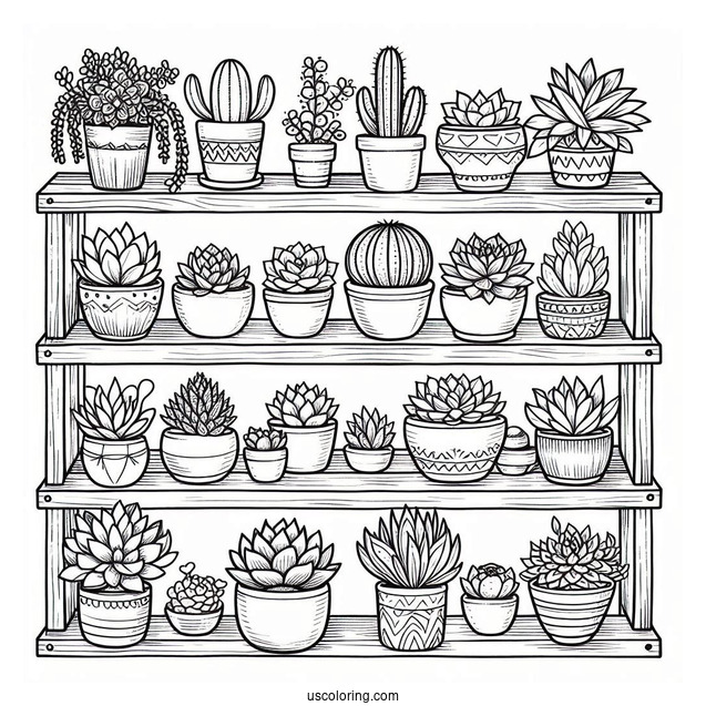 Shelves Full Of Cute Succulent Coloring Page