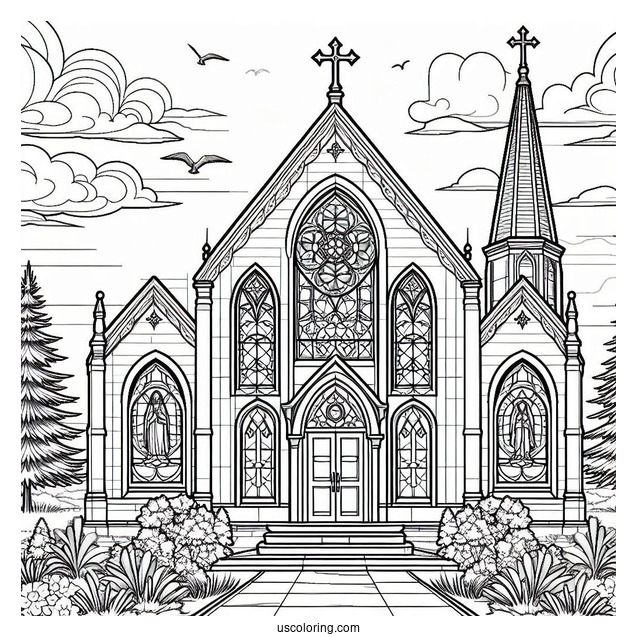 Church Coloring Page With Stained Glass Windows
