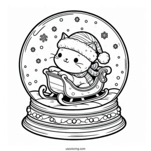 Santa Cat On A Sleigh Snow Globe Coloring Page