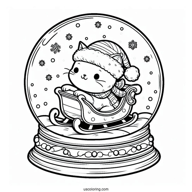 Santa Cat On A Sleigh Snow Globe Coloring Page