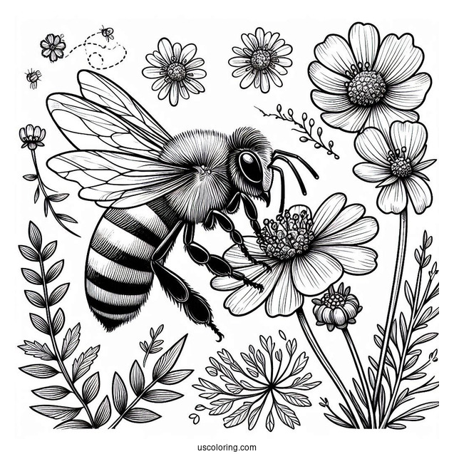 Realistic Bee Coloring Page Hovering Over Flowers