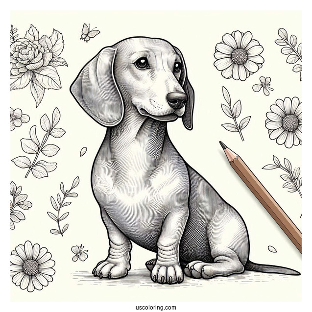 Realistic Dachshund Coloring Page Sitting