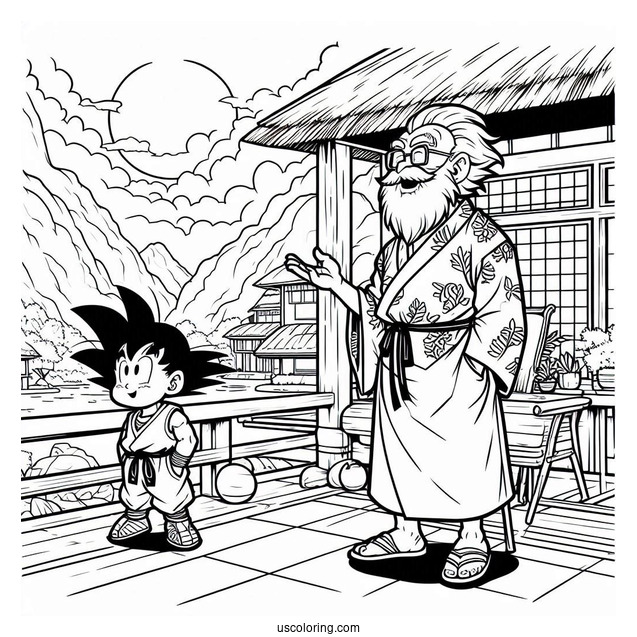 Dragon Ball Z Coloring Page Of Master Roshi in Vacation Shirt at Kame House