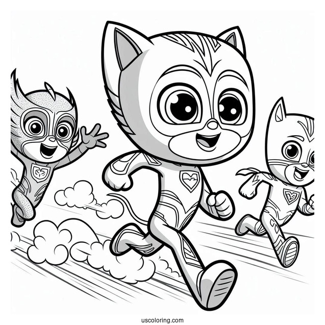 PJ Masks Coloring Page Of Owlette, Catboy, And Gekko Running Fast
