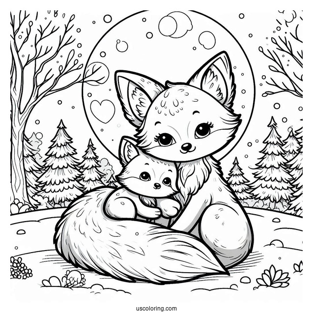 Mama Fox Coloring Page Cuddling With Baby Fox In Snowy Forest