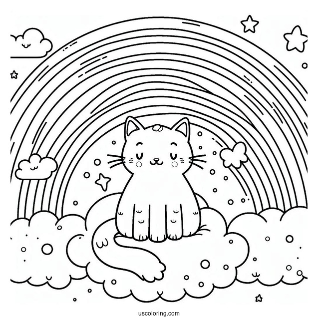 Cat Sitting On A Cloud In The Middle Of A Rainbow