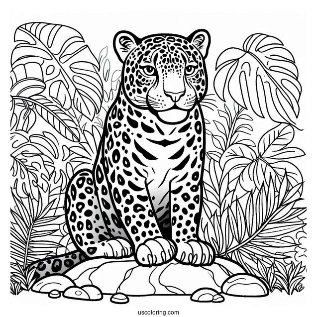 Jaguar Sitting In The Jungle Coloring Page