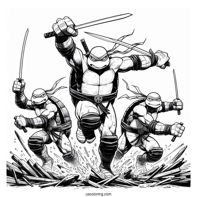 Ninja Turtles Coloring Page Of Raphael, Donatello, Michelangelo, And Leonardo Charging At Enemy