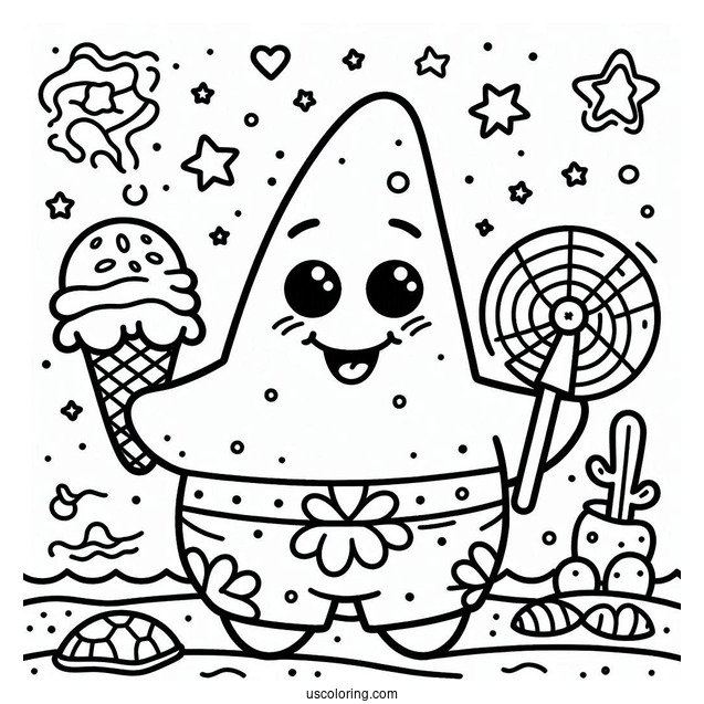 Cute Patrick Star Coloring Page Holding Fan And Ice Cream