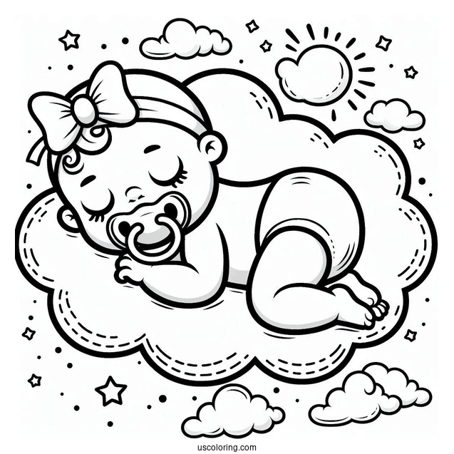 Baby Coloring Page With Pacifier Lying On Cloud