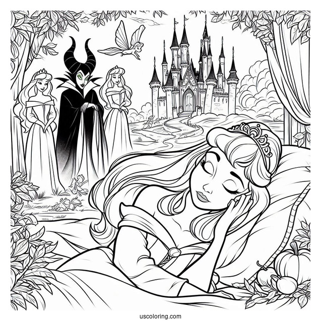 Sleeping Beauty Coloring Page Of Princess Aurora Deep Asleep Outside The Castle With Maleficent And The Fairies Watching