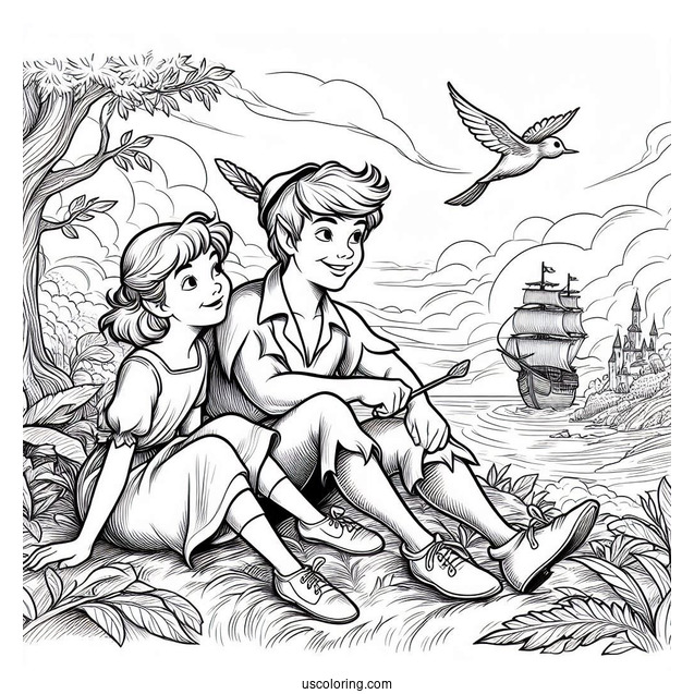 Peter Pan Taking Wendy To Neverland Coloring Sheet
